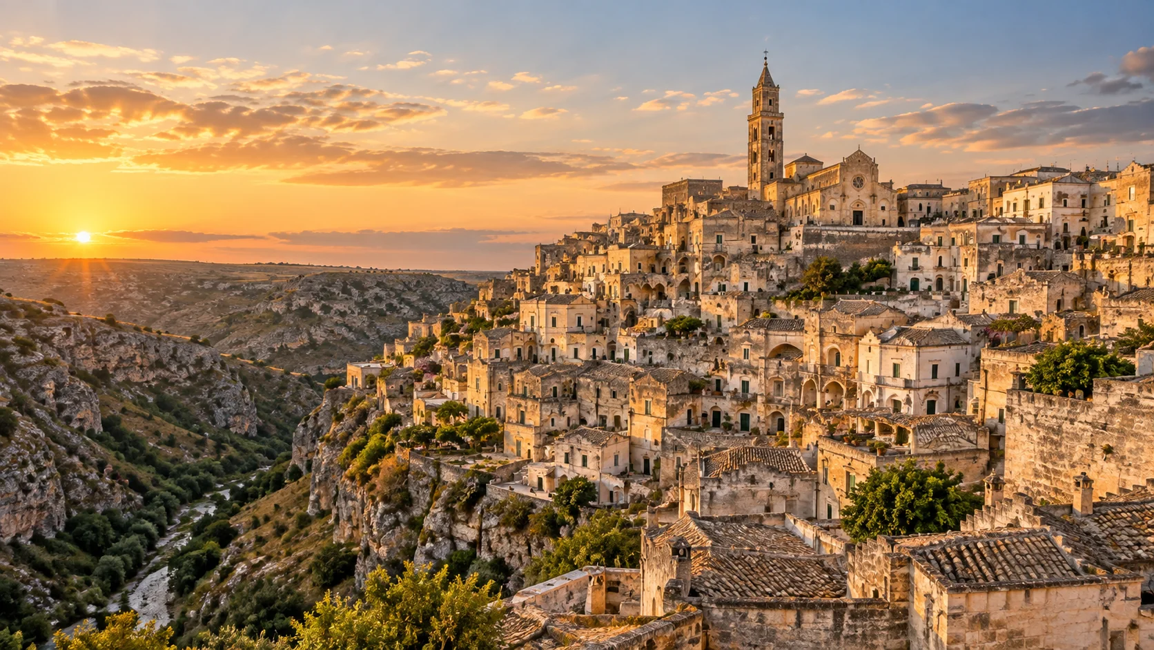 Recreación fotorrealista del paisaje urbano de Matera, Italia
